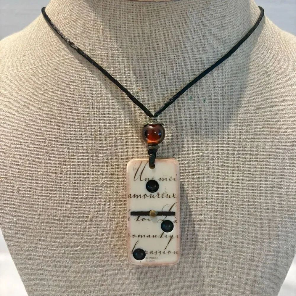 Vtg RK Productions Hand Cast Stone Carved Domino Pendant Necklace Black Cream OS
